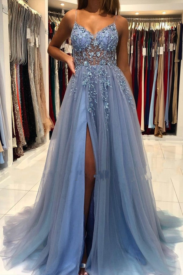 Vestido de fiesta único largo de tul con escote en V, espalda abierta y abertura en la espalda