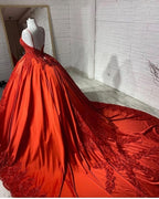 Vestido de novia único de satén con encaje, largo, estilo princesa, escote corazón, espalda descubierta y apliques
