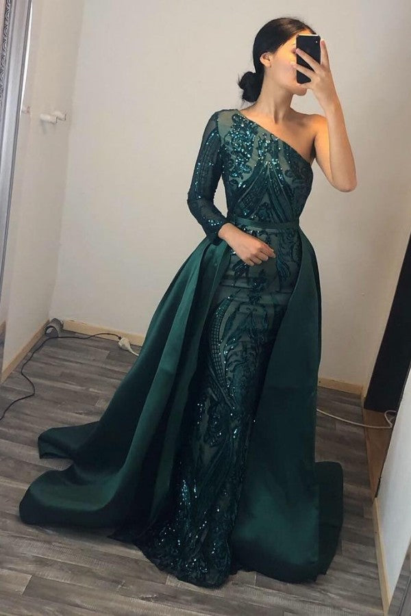 Robe de bal longue unique sirène à une épaule avec sequins et manches