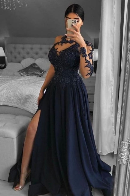 Einzigartige One-Shoulder-Langarm-A-Linie Bodenlange Chiffon-Ballkleider mit Applikationen