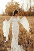 Unique Sweetheart Long-Sleeve Mermaid Floor-Length Lace Wedding Dresses with Chapel Train