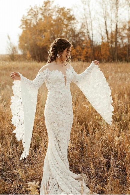 Vestidos de Noiva Únicos com Manga Comprida, Estilo Sereia, Comprimento até ao Chão, em Renda, com Cauda de Capela