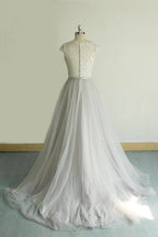 V Neck Tulle Wedding Dress With Appliques Ruffles Aline Short Sleeve Bridal Gown