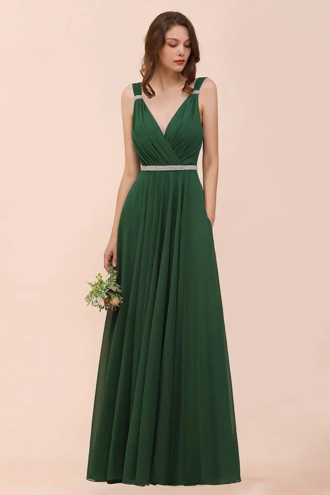 V-Neck A-line Dark Green Bridesmaid Dress Rhinestone Waist Belt