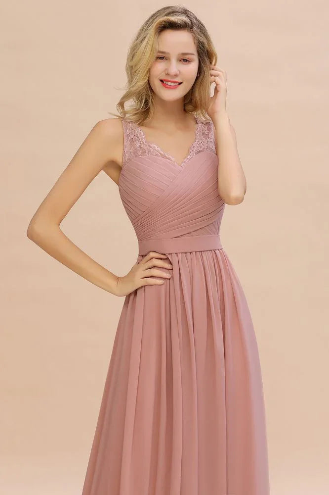 Vestido de Dama de Honra em Chiffon com Folhos, Decote em V, Sem Mangas, Estilo Aline, Floral, para Noite e Rodado