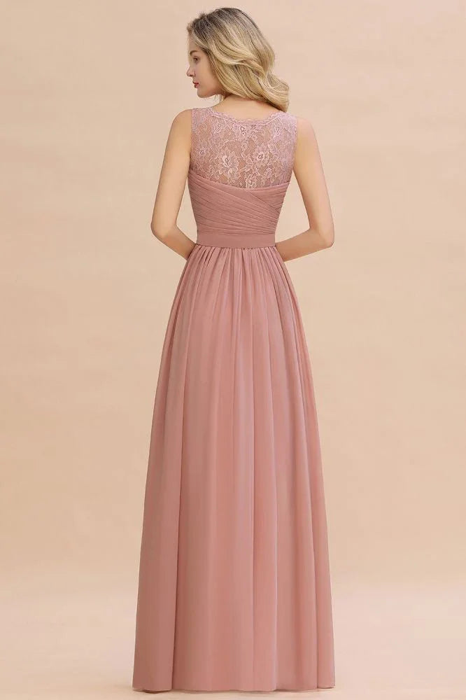 Vestido de Dama de Honra em Chiffon com Folhos, Decote em V, Sem Mangas, Estilo Aline, Floral, para Noite e Rodado