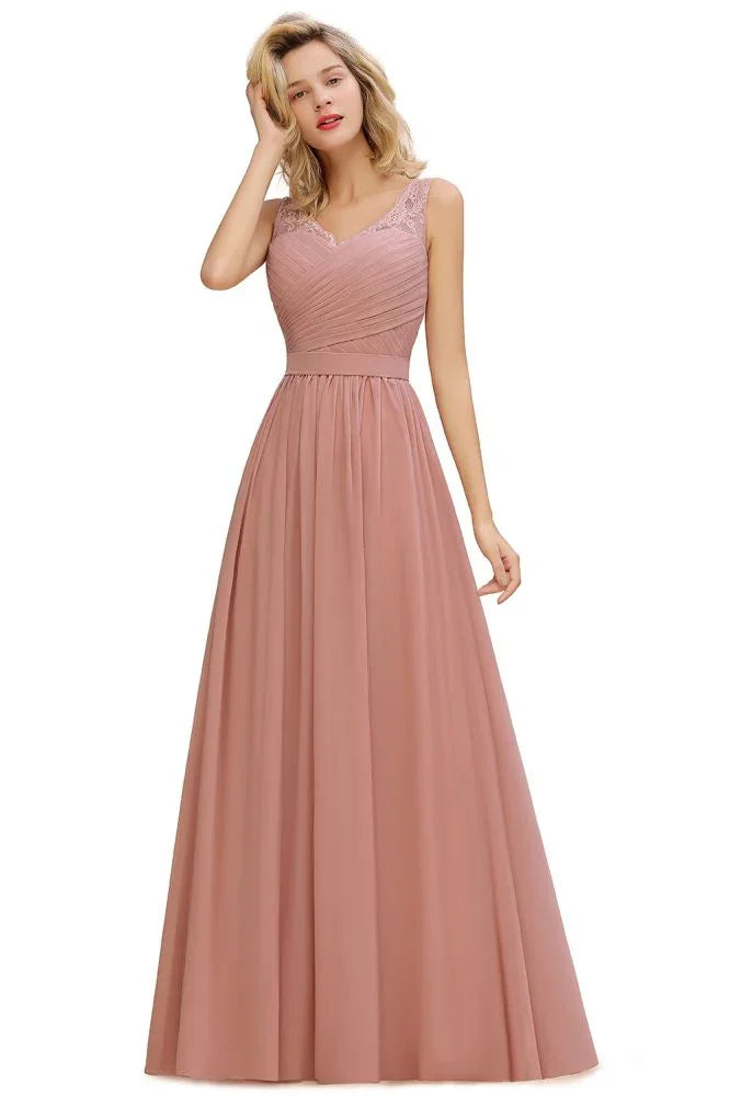 Vestido de Dama de Honra em Chiffon com Folhos, Decote em V, Sem Mangas, Estilo Aline, Floral, para Noite e Rodado