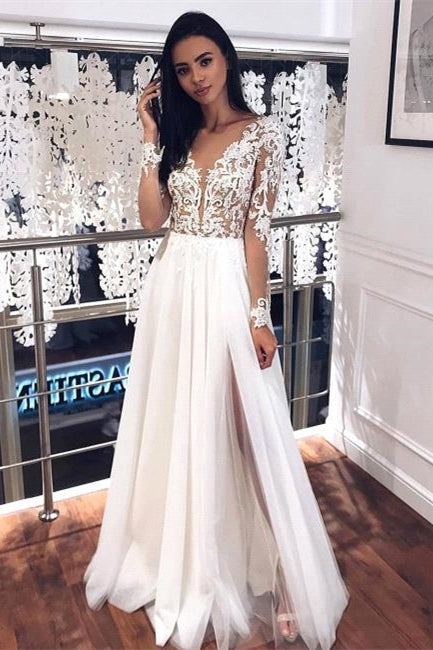 Vestidos de Noiva em Linha A com Aplicações e Decote em V de Manga Comprida | Vestidos Nupciais em Tule Plissado com Fenda Lateral