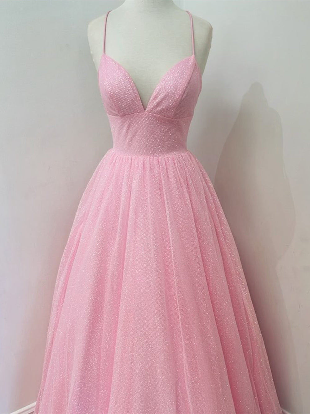 Robes longues roses de bal de fin d'année à col en V et dos nu Robes de remise de diplômes formelles roses étincelantes à dos nu
