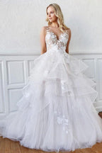 Vestidos de Noiva com Decote em V e Saia em Camadas, Vestido de Casamento
