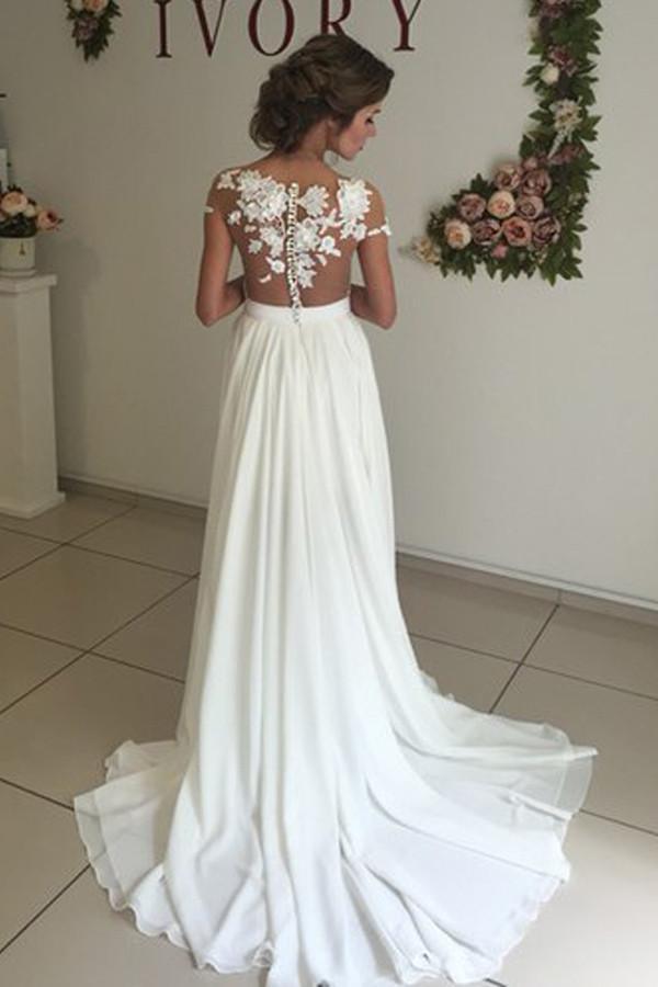 V-neck Cap Sleeves Sweep Train Ivory Wedding Dress with Appliques