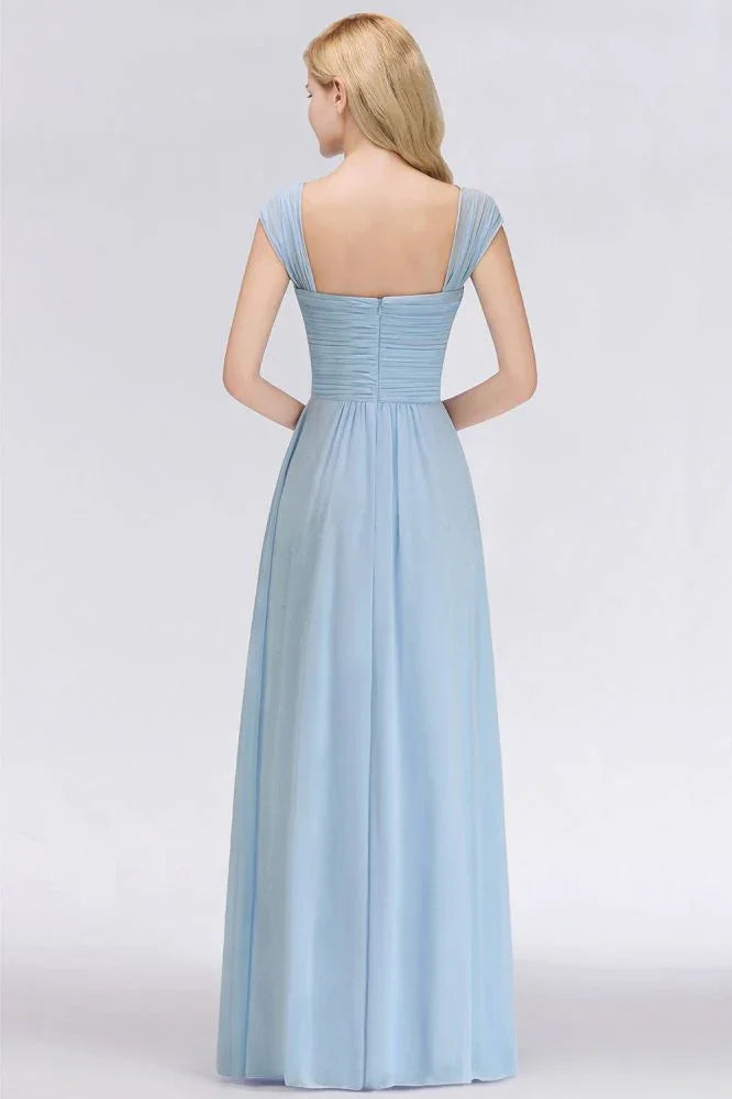 V-Ausschnitt Chiffon A-Linien Brautjungfernkleid Himmelblau Bodenlanges Abendkleid mit Schwung