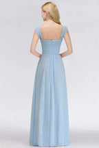 V-Ausschnitt Chiffon A-Linien Brautjungfernkleid Himmelblau Bodenlanges Abendkleid mit Schwung