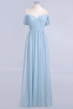 V-Ausschnitt Chiffon A-Linien Brautjungfernkleid Himmelblau Bodenlanges Abendkleid mit Schwung