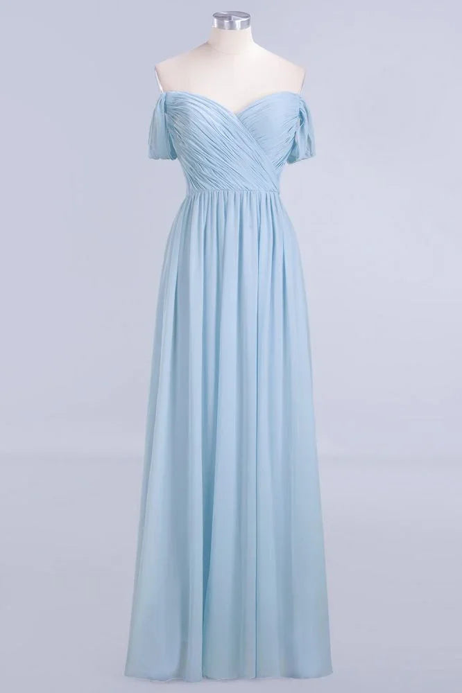 V-Ausschnitt Chiffon A-Linien Brautjungfernkleid Himmelblau Bodenlanges Abendkleid mit Schwung
