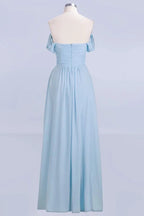 V-Ausschnitt Chiffon A-Linien Brautjungfernkleid Himmelblau Bodenlanges Abendkleid mit Schwung