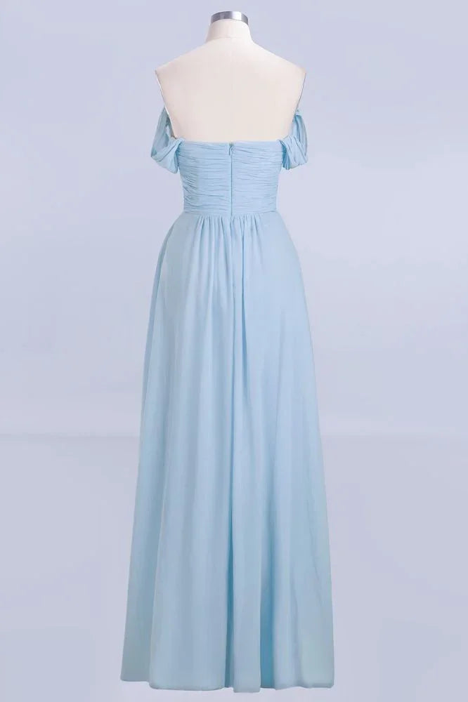 V-Ausschnitt Chiffon A-Linien Brautjungfernkleid Himmelblau Bodenlanges Abendkleid mit Schwung