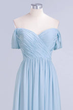 V-Ausschnitt Chiffon A-Linien Brautjungfernkleid Himmelblau Bodenlanges Abendkleid mit Schwung