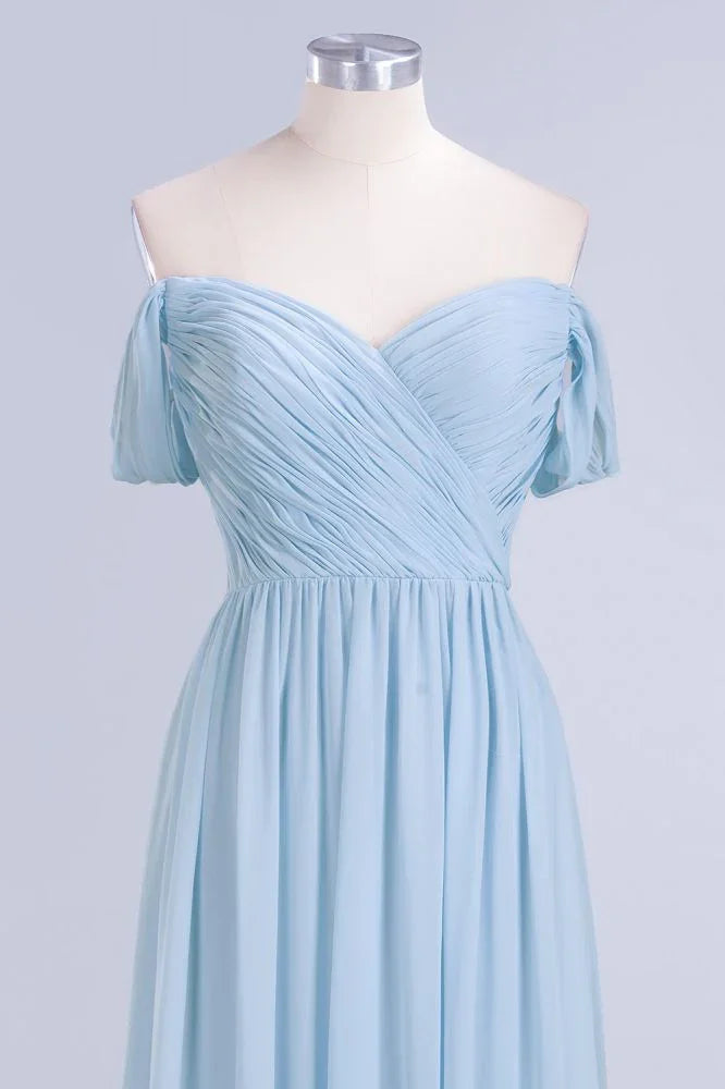 V-Ausschnitt Chiffon A-Linien Brautjungfernkleid Himmelblau Bodenlanges Abendkleid mit Schwung