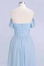 V-Ausschnitt Chiffon A-Linien Brautjungfernkleid Himmelblau Bodenlanges Abendkleid mit Schwung