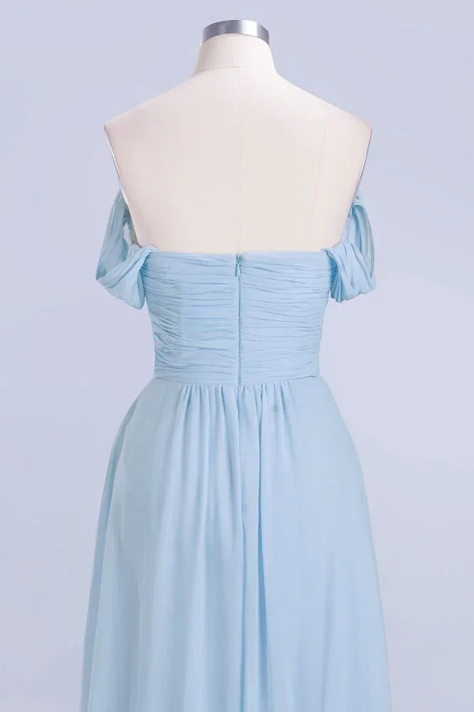 V-Ausschnitt Chiffon A-Linien Brautjungfernkleid Himmelblau Bodenlanges Abendkleid mit Schwung