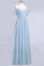 V-Ausschnitt Chiffon A-Linien Brautjungfernkleid Himmelblau Bodenlanges Abendkleid mit Schwung