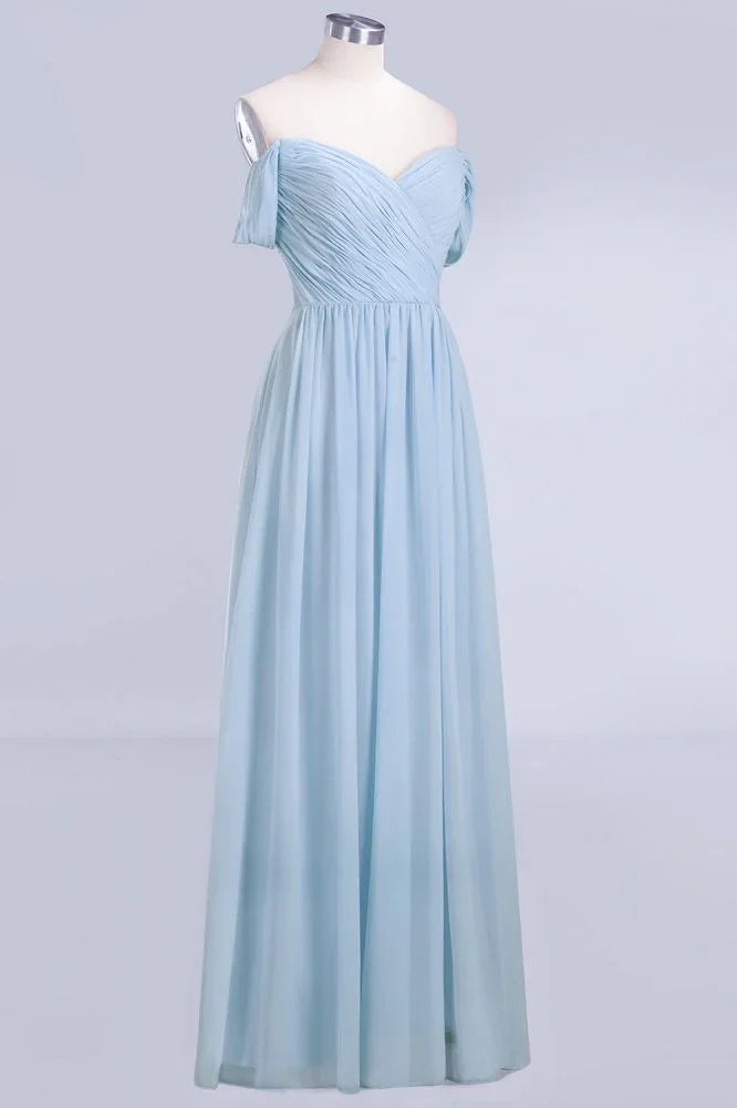V-Ausschnitt Chiffon A-Linien Brautjungfernkleid Himmelblau Bodenlanges Abendkleid mit Schwung