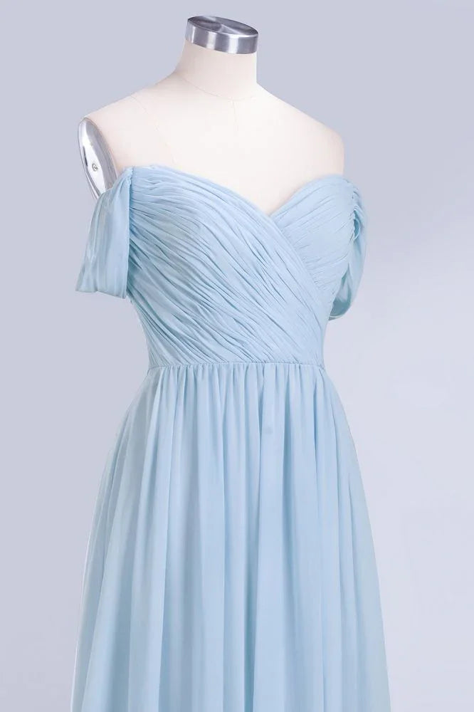 V-Ausschnitt Chiffon A-Linien Brautjungfernkleid Himmelblau Bodenlanges Abendkleid mit Schwung