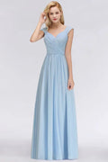 V-Ausschnitt Chiffon A-Linien Brautjungfernkleid Himmelblau Bodenlanges Abendkleid mit Schwung