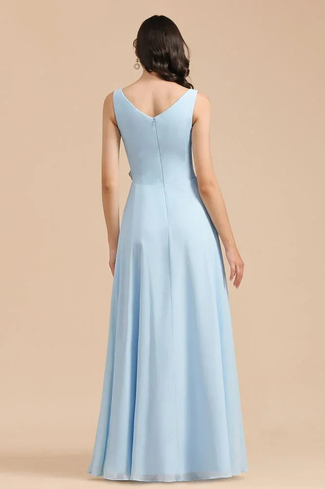 Vestido de Dama de Honra em Chiffon com Decote em V, Corte A, Sem Mangas, Comprimento Até ao Chão, Vestido de Casamento Simples
