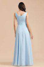 Vestido de Dama de Honra em Chiffon com Decote em V, Corte A, Sem Mangas, Comprimento Até ao Chão, Vestido de Casamento Simples