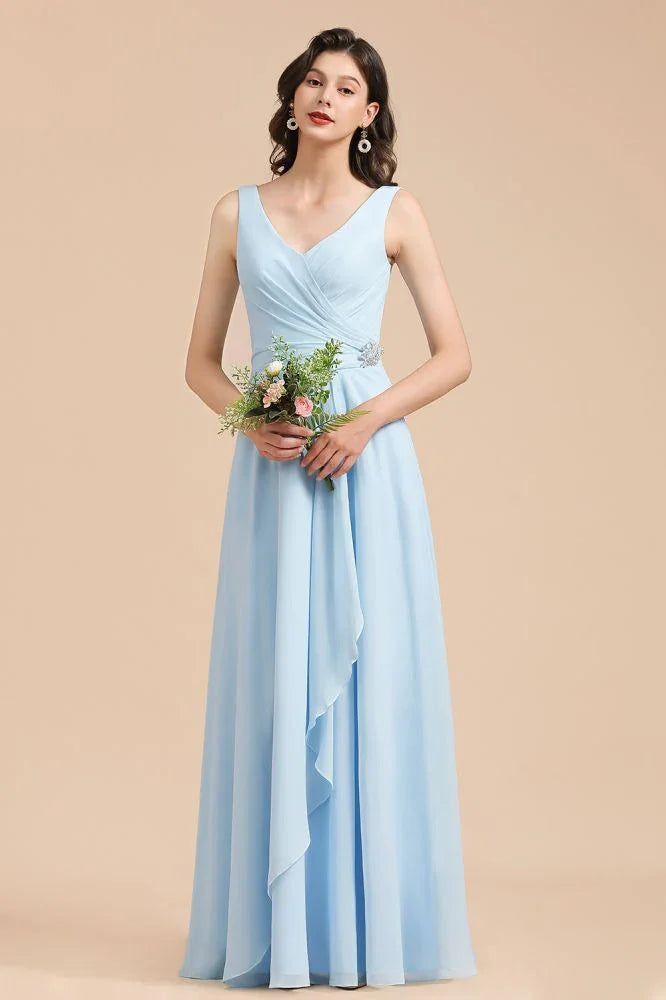 Vestido de Dama de Honra em Chiffon com Decote em V, Corte A, Sem Mangas, Comprimento Até ao Chão, Vestido de Casamento Simples