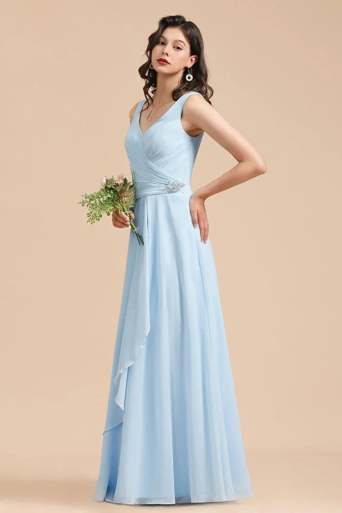 Vestido de Dama de Honra em Chiffon com Decote em V, Corte A, Sem Mangas, Comprimento Até ao Chão, Vestido de Casamento Simples