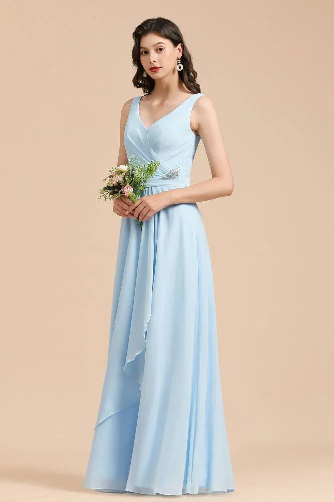 Vestido de Dama de Honra em Chiffon com Decote em V, Corte A, Sem Mangas, Comprimento Até ao Chão, Vestido de Casamento Simples