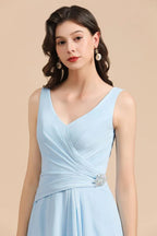 Vestido de Dama de Honra em Chiffon com Decote em V, Corte A, Sem Mangas, Comprimento Até ao Chão, Vestido de Casamento Simples