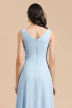 Vestido de Dama de Honra em Chiffon com Decote em V, Corte A, Sem Mangas, Comprimento Até ao Chão, Vestido de Casamento Simples