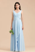 Vestido de Dama de Honra em Chiffon com Decote em V, Corte A, Sem Mangas, Comprimento Até ao Chão, Vestido de Casamento Simples