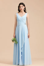 Vestido de Dama de Honra em Chiffon com Decote em V, Corte A, Sem Mangas, Comprimento Até ao Chão, Vestido de Casamento Simples