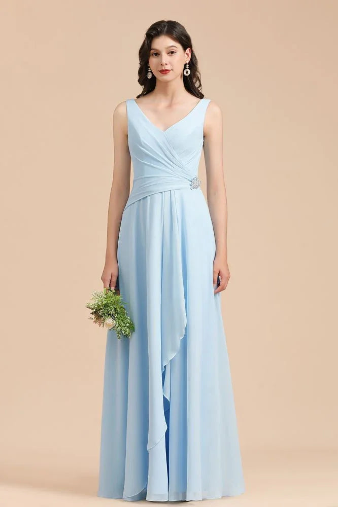 Vestido de Dama de Honra em Chiffon com Decote em V, Corte A, Sem Mangas, Comprimento Até ao Chão, Vestido de Casamento Simples