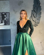 Robes de soirée à col en V pour femmes Robe de bal fendue en ligne A