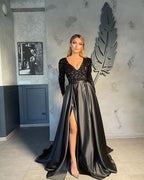 Robes de soirée à col en V pour femmes Robe de bal fendue en ligne A