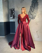 Robes de soirée à col en V pour femmes Robe de bal fendue en ligne A