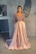 Robes de soirée à col en V pour femmes Robe de bal fendue en ligne A