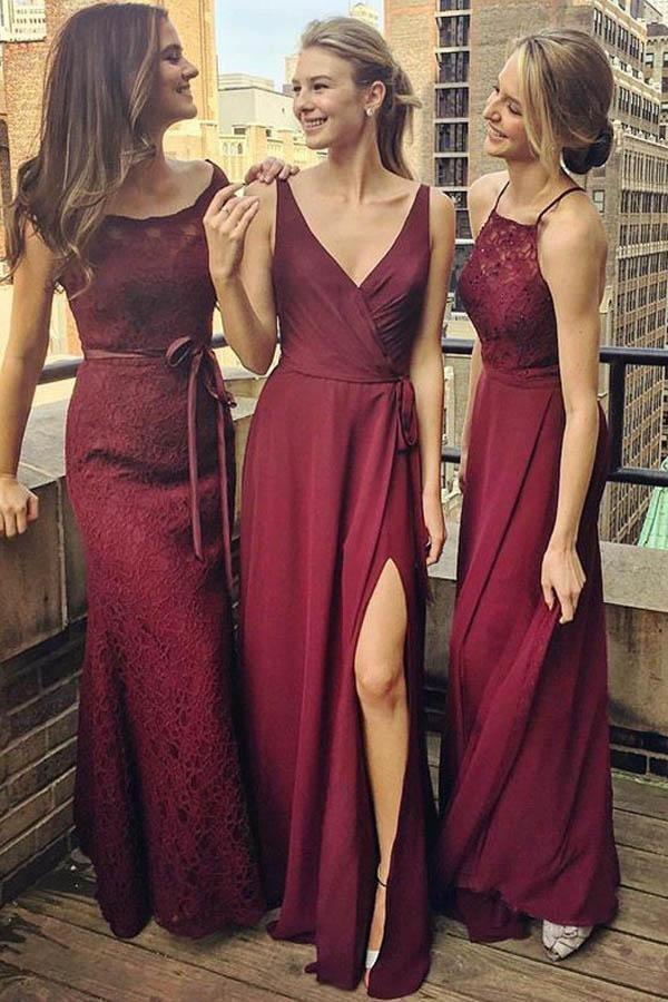 Vestido de Dama de Honra em Chiffon de Uva, Comprimento até ao Chão, Decote em V com Fenda BD036