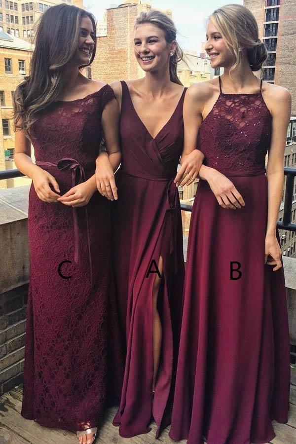 Vestido de Dama de Honra em Chiffon de Uva, Comprimento até ao Chão, Decote em V com Fenda BD036