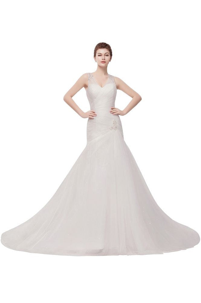 Abito da sposa a sirena in tulle con cristalli, scollo a V e lunghezza fino a terra