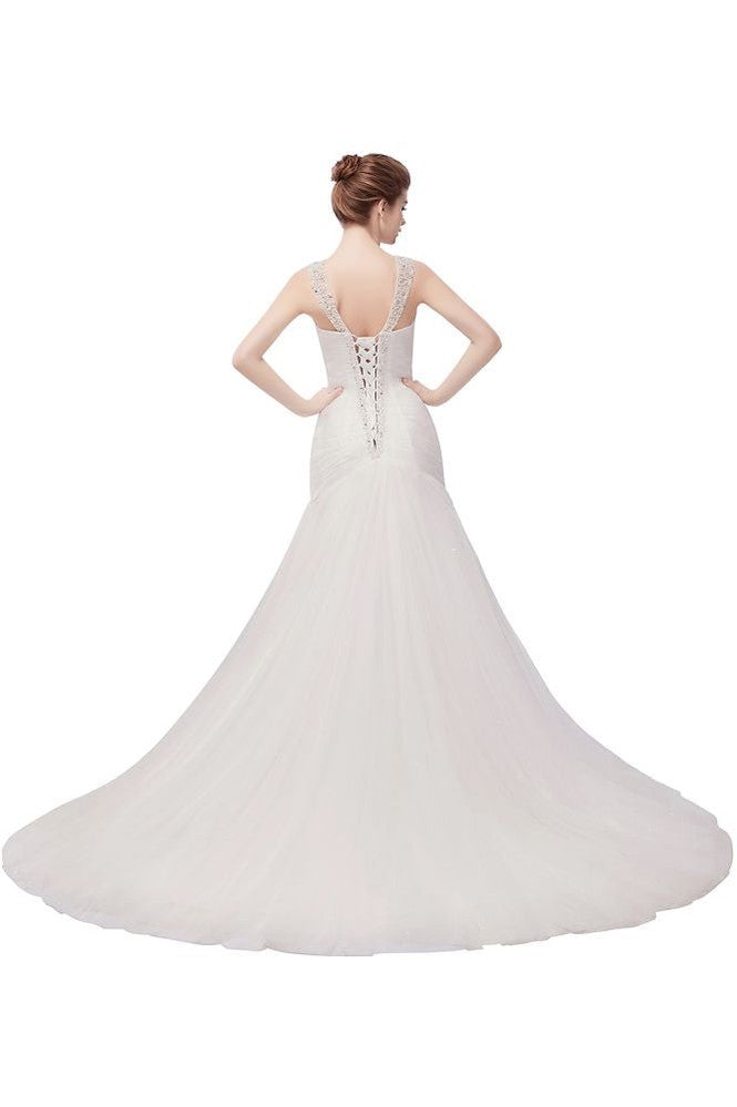 Abito da sposa a sirena in tulle con cristalli, scollo a V e lunghezza fino a terra