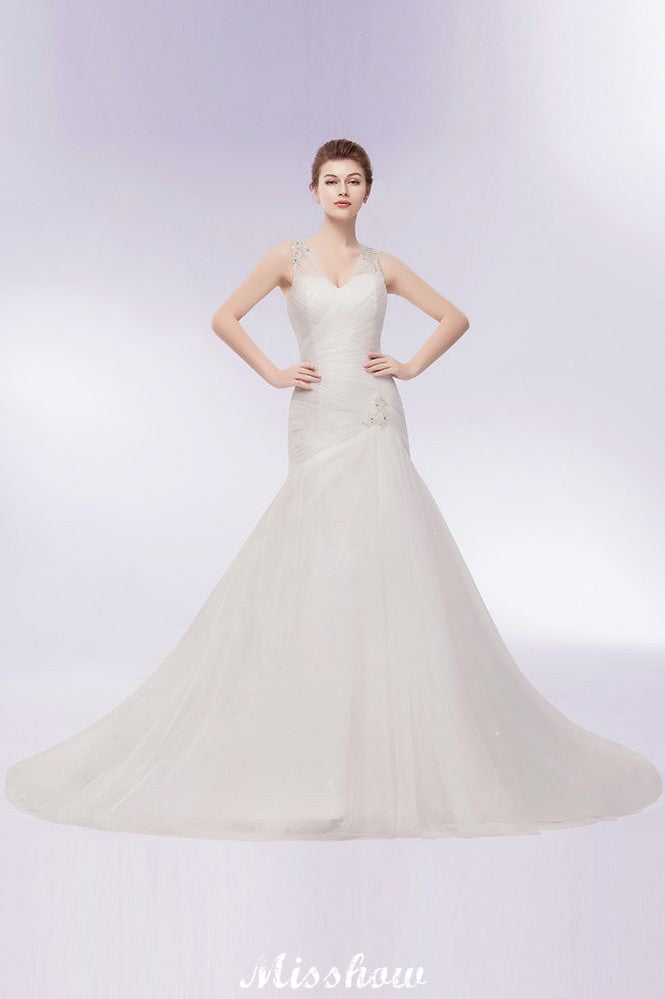 Abito da sposa a sirena in tulle con cristalli, scollo a V e lunghezza fino a terra