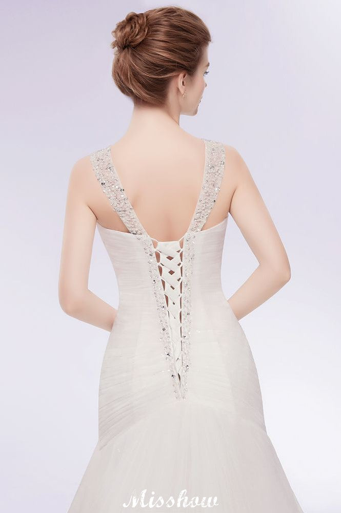 Abito da sposa a sirena in tulle con cristalli, scollo a V e lunghezza fino a terra