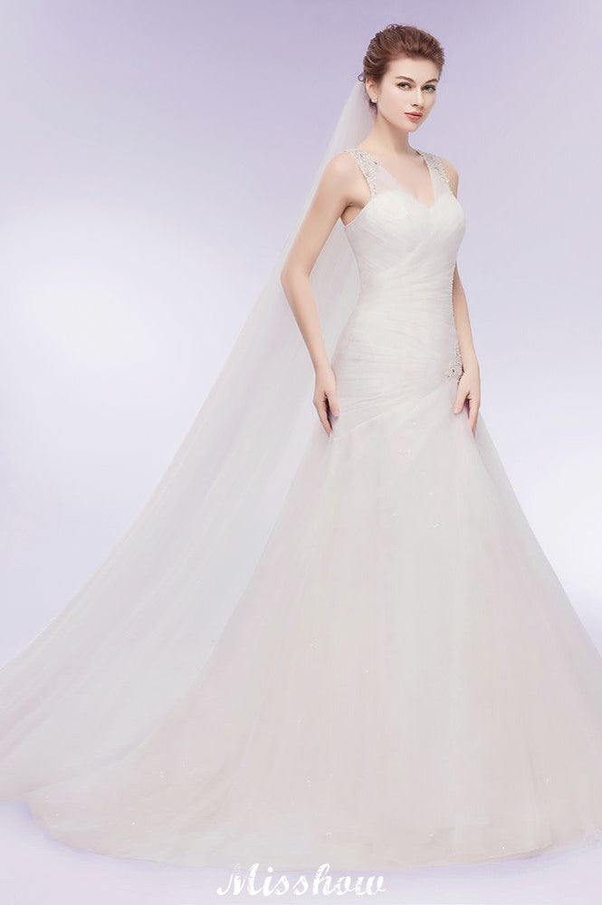 Abito da sposa a sirena in tulle con cristalli, scollo a V e lunghezza fino a terra
